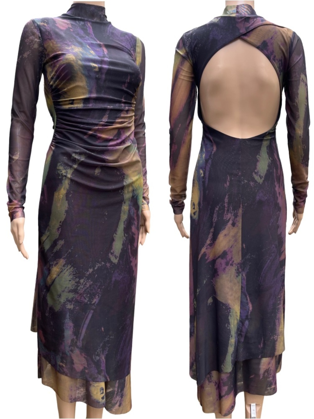 Zara Oil Slick Ruched Tulle Open Back Midi Dress S